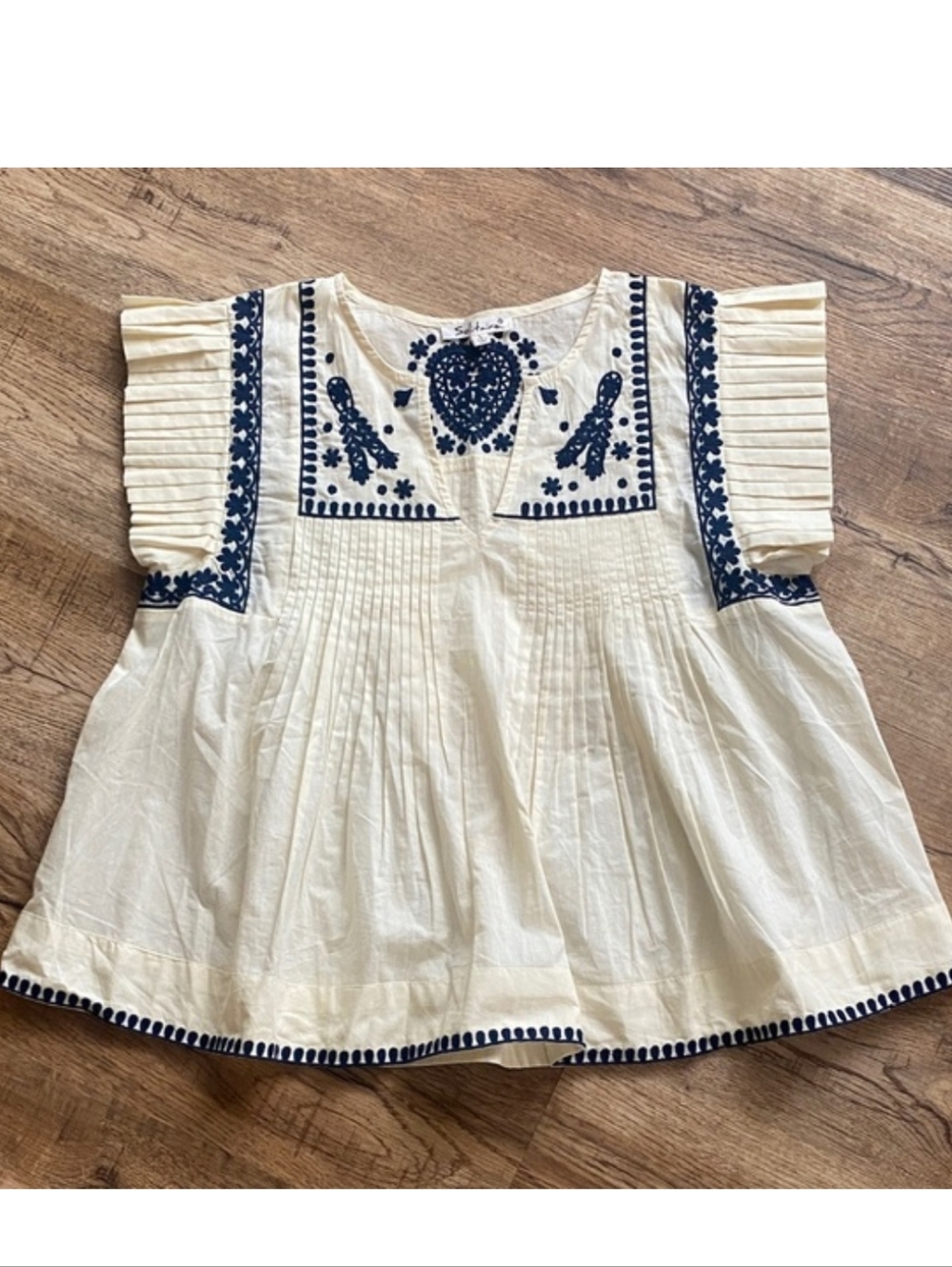 Solitaire Babydoll Top with Navy Embroidery